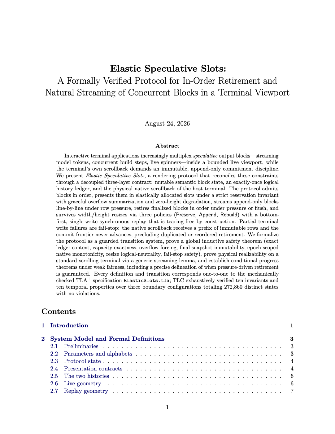 Первая страница статьи Elastic Speculative Slots: формально верифицированный протокол рендеринга для стримящихся параллельных блоков вывода через ограниченный вьюпорт терминала в только-дополняемый скроллбэк