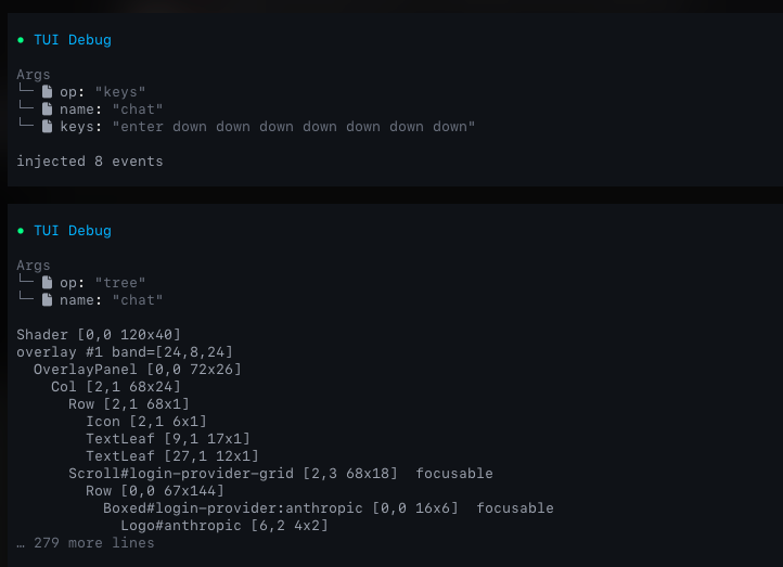 Два вызова инструмента TUI Debug: один вводит восемь синтетических клавиатурных событий в сессию, другой читает скриншот